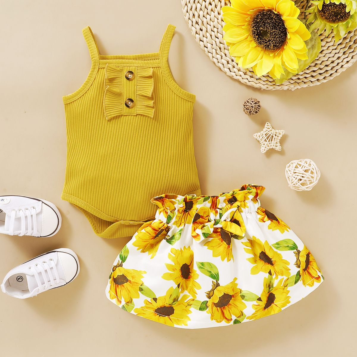 Newborn Baby Girls Costumes Set Solid Color Ribbed Tank Tops + Floral Skirt -Yellow