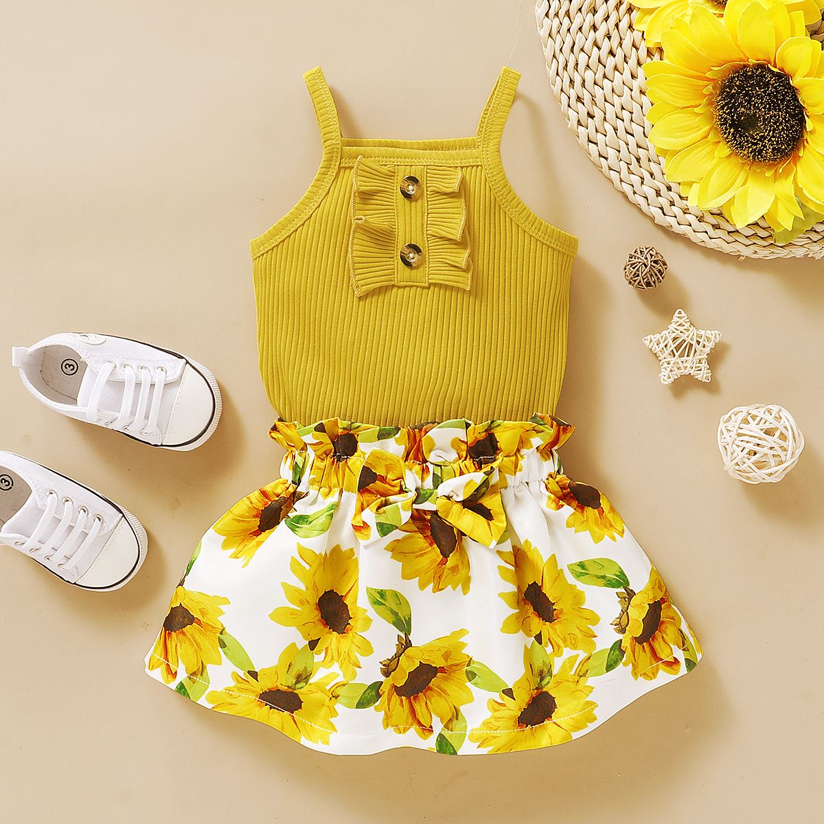Newborn Baby Girls Costumes Set Solid Color Ribbed Tank Tops + Floral Skirt -Yellow
