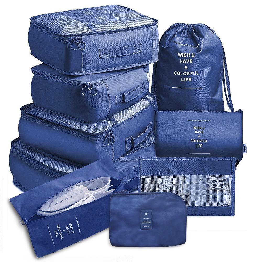 Thickened twill new travel storage bag nine-piece set travel suitcase clothes separate storage bag nine-piece set Hook 9-piece set Korean blue 9 piece set