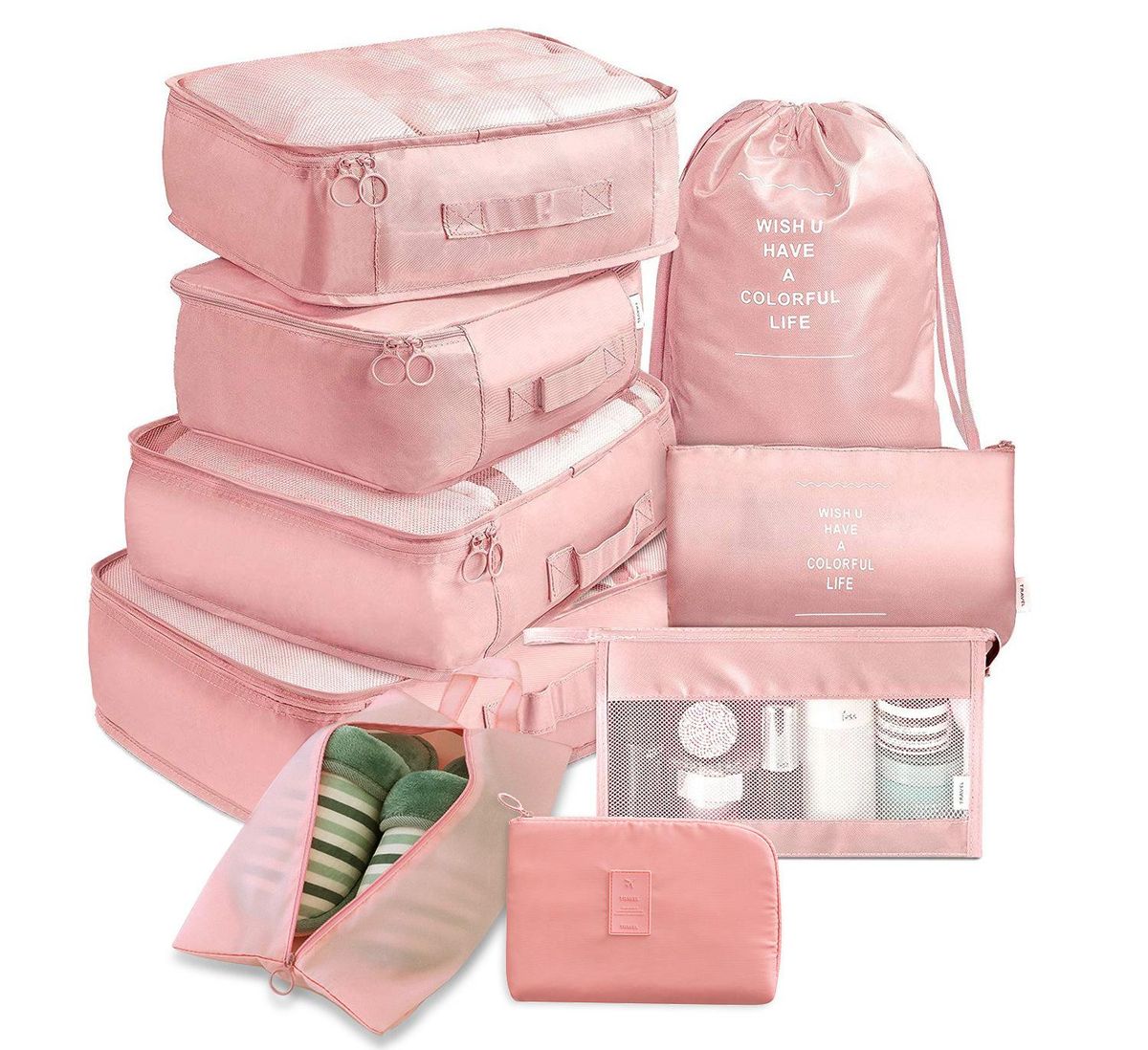 Thickened twill new travel storage bag nine-piece set travel suitcase clothes separate storage bag nine-piece set Hook 9-piece set Korean blue 9 piece set