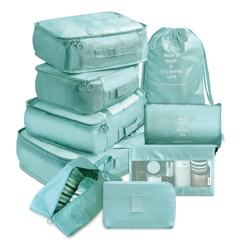 Thickened twill new travel storage bag nine-piece set travel suitcase clothes separate storage bag nine-piece set Hook 9-piece set Korean blue 9 piece set