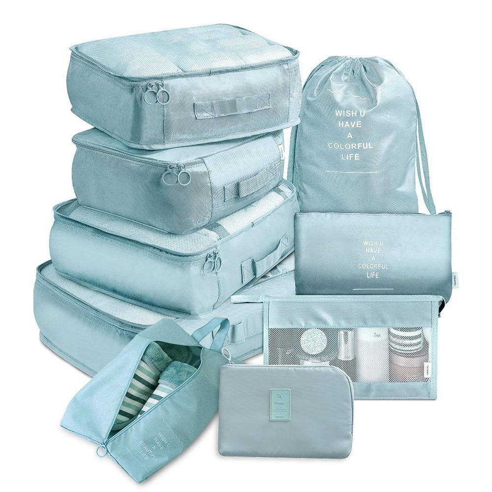 Thickened twill new travel storage bag nine-piece set travel suitcase clothes separate storage bag nine-piece set Hook 9-piece set Korean blue 9 piece set