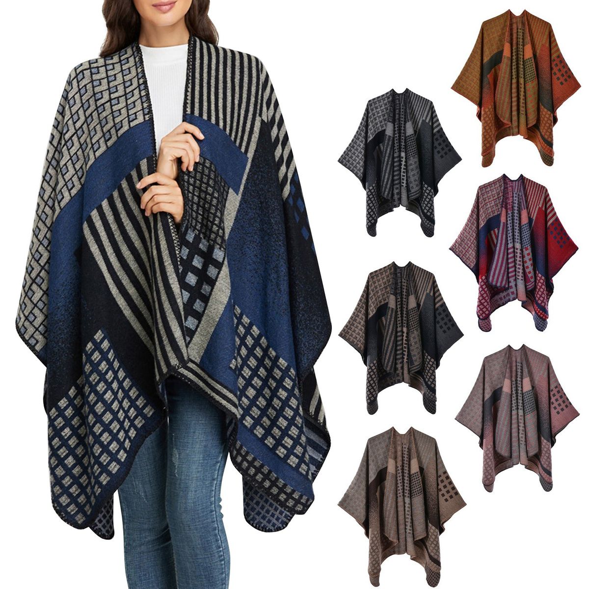 Women Reversible Poncho Cape Plaid Stripe Jacquard Open