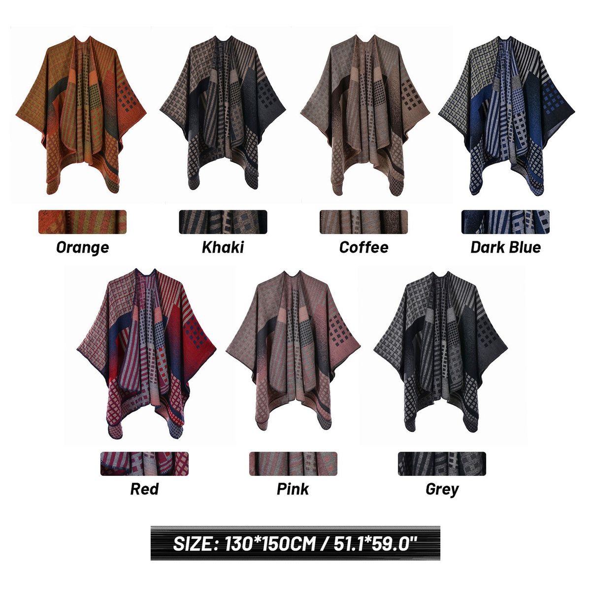 Women Reversible Poncho Cape Plaid Stripe Jacquard Open