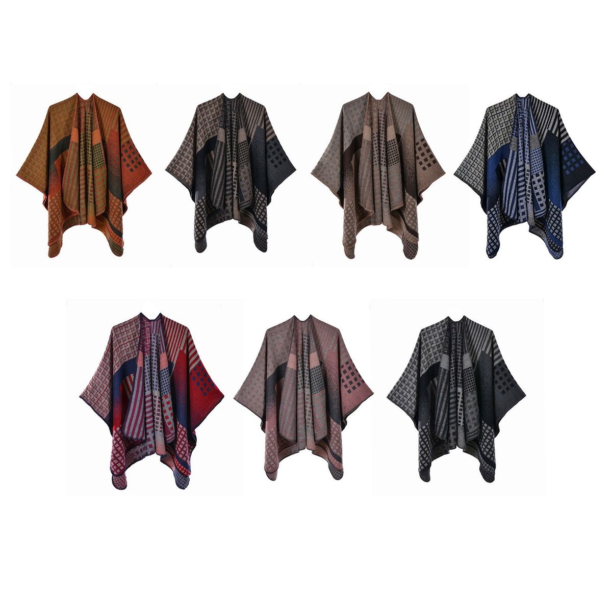 Women Reversible Poncho Cape Plaid Stripe Jacquard Open
