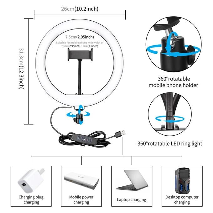 26cm LED Ring Light USB Desktop Projector Tripod Kit for Camera Mobile Selfie Youtube Live Video Photography Ring Light