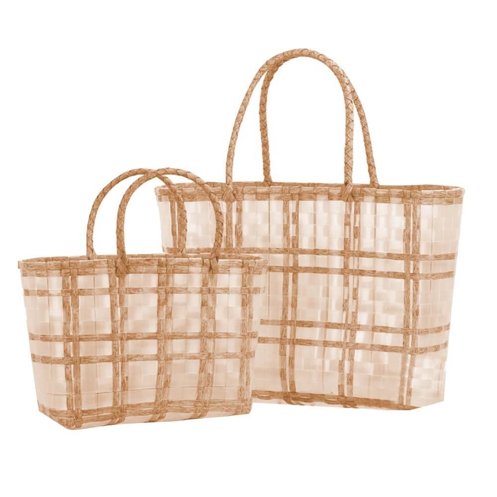 Women Woven Bag Plastic Handbag Plaid Weave Holiday Beach Totes