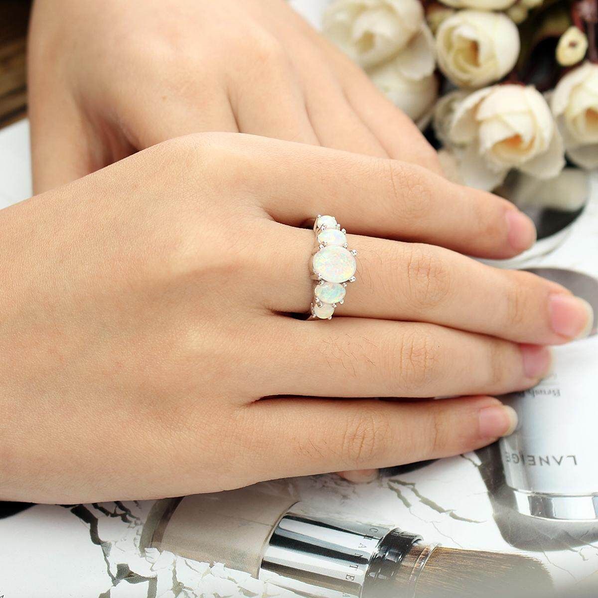 Luxury Blue Opal Women Wedding Jewelry Gemstone Silver Ring Size 6 Six