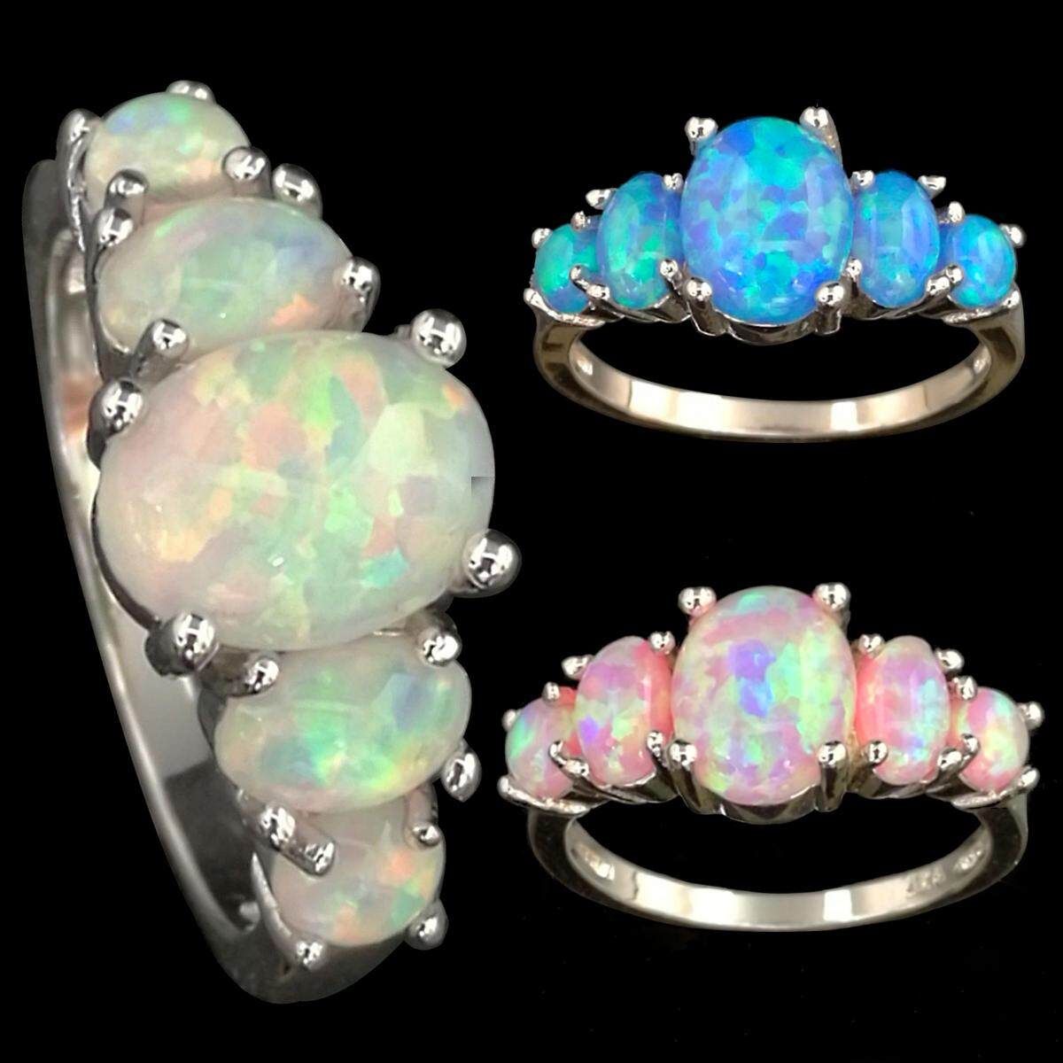 Luxury Blue Opal Women Wedding Jewelry Gemstone Silver Ring Size 6 Six