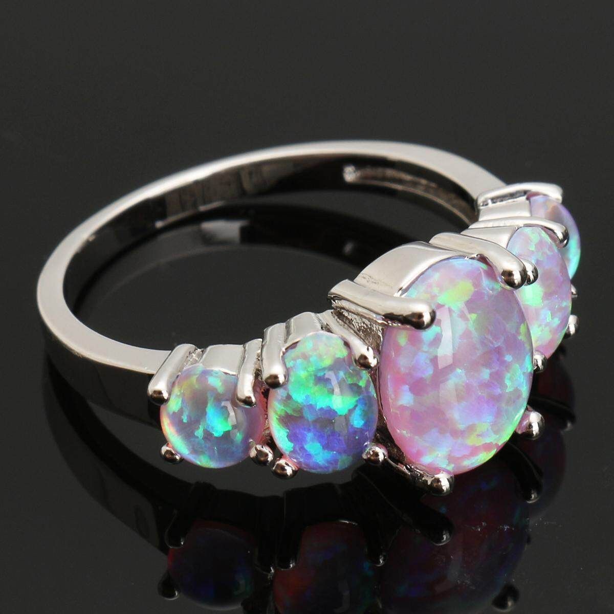 Luxury Blue Opal Women Wedding Jewelry Gemstone Silver Ring Size 6 Six