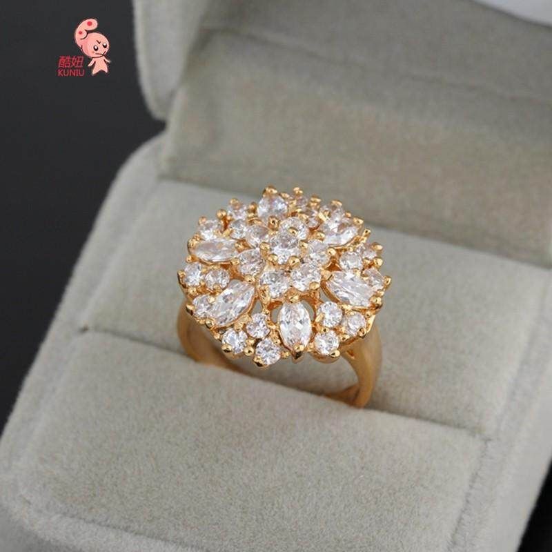 J0608 18K Gold Plated Ring Bague White Topaz Cubic Zirconia Engagement Elegant Wedding Ring For Women Size 6.5 Gold