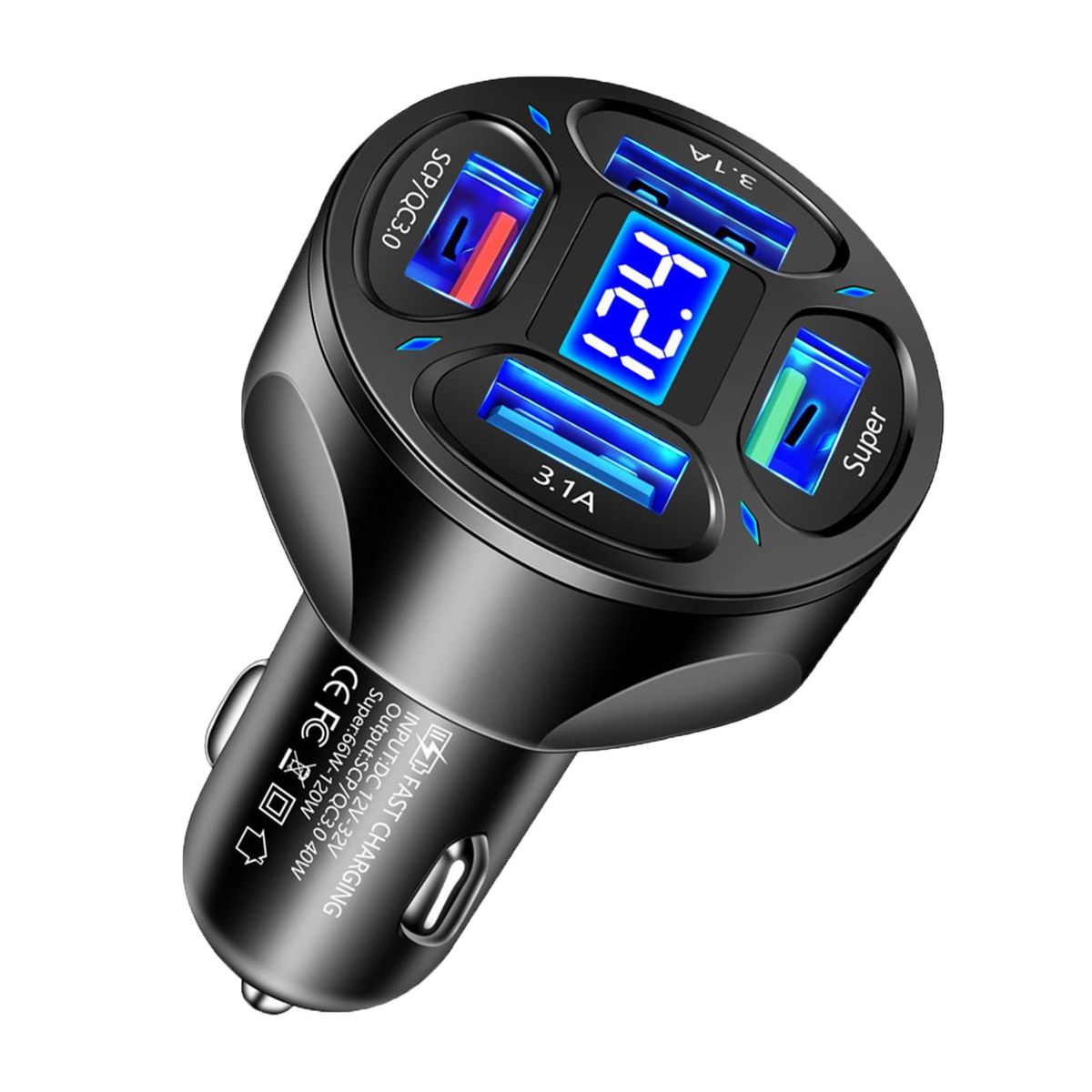 USB Car Charger 4 Ports Car Charger USB Socket Black