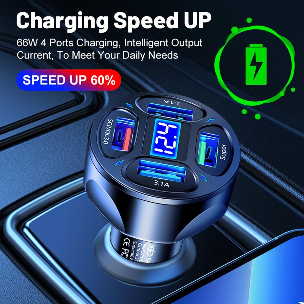 USB Car Charger 4 Ports Car Charger USB Socket Black