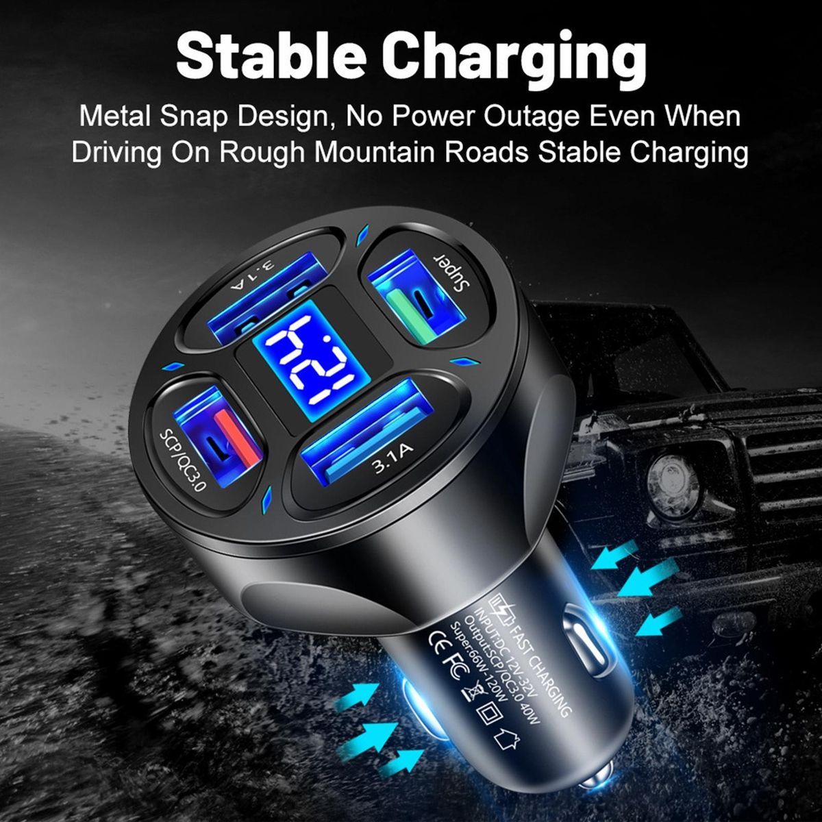 USB Car Charger 4 Ports Car Charger USB Socket Black