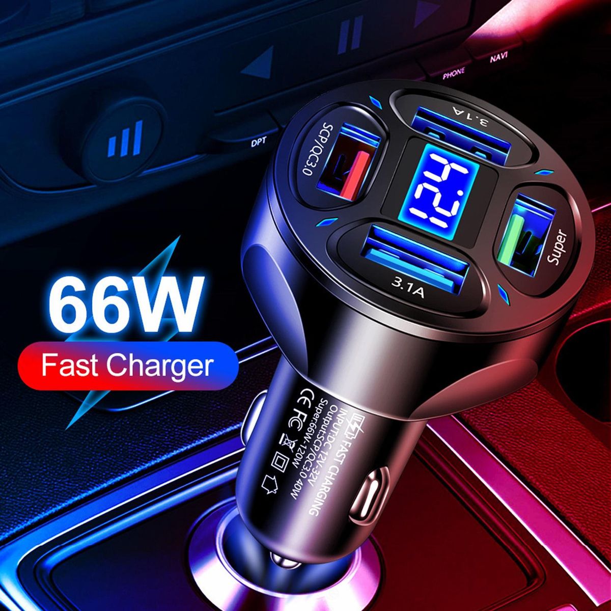 USB Car Charger 4 Ports Car Charger USB Socket Black