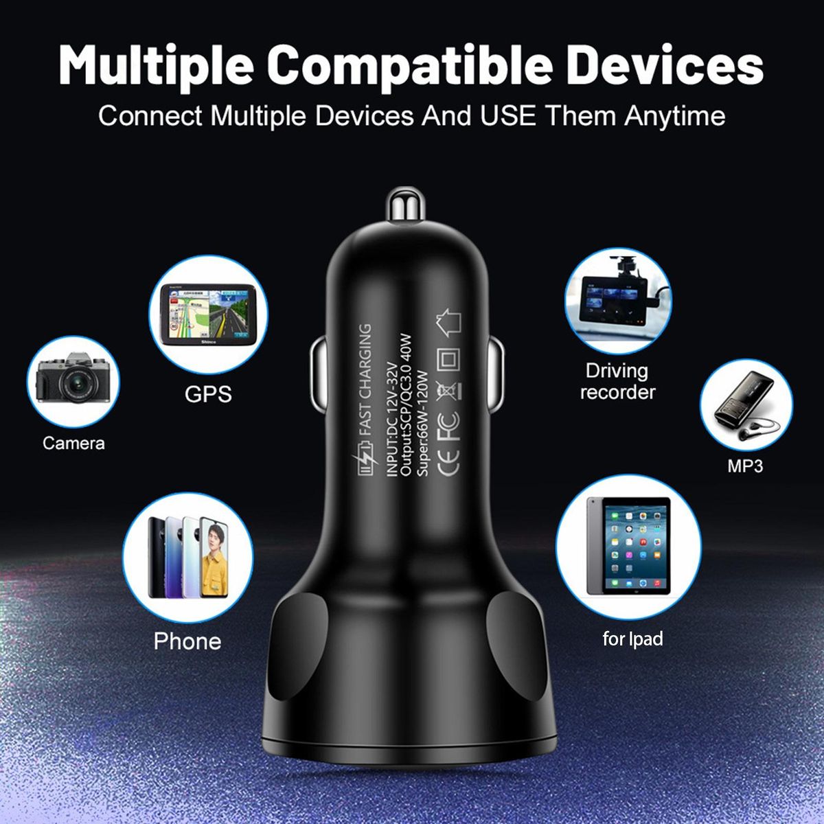 USB Car Charger 4 Ports Car Charger USB Socket Black