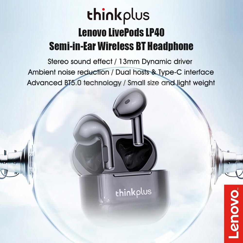 Thinkplus LivePods LP40 Semi-in-ear Earphones BT 5.0 Headphones True Wireless Earbuds with Touch Control Hands-Free Call Stereo Sound Noise Canceling Waterproof Binaural Design Headsets with MIC Type-C Interface for Gaming Sp