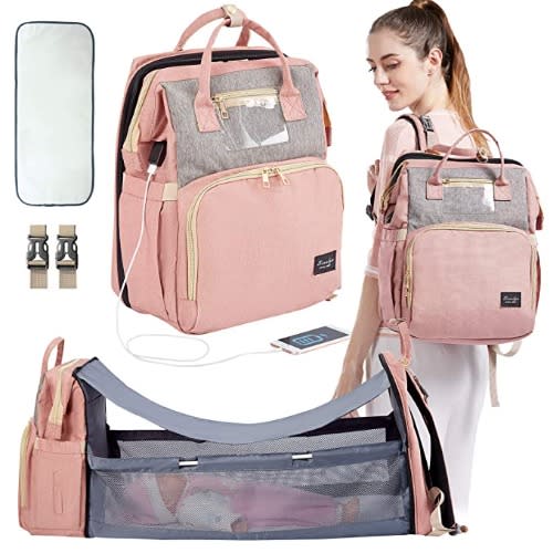 Mummy Backpack/diaper Bag With Convertible Crib Space + Usb Charging Port + Gifts - Pink