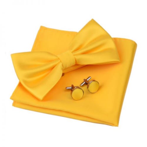 Silky Bow Tie Pocket Square And Cufflinks - Yellow