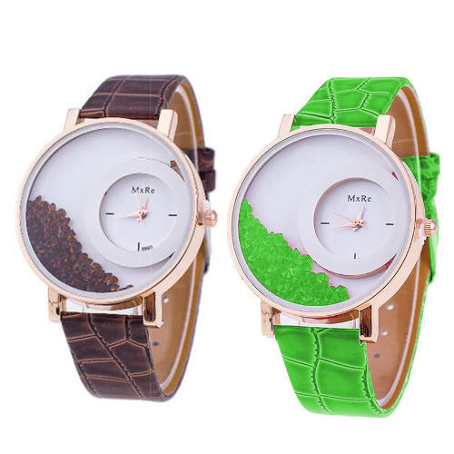 Hot Relogio 2 In 1 Women's Rhinestone Wrist Watch - Brown & Green