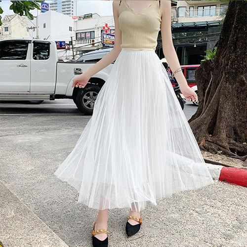 Mesh Halfbody Skirt Medium Long Women's A-line High Waist 100 Ruffled Puffy Skirt Spring/Summer