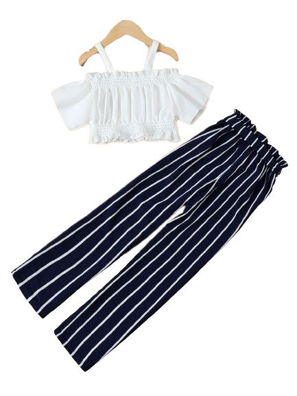 Girls One Neck Strapless Cami Top Striped Wide Leg Pants Set