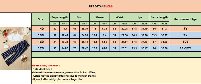 Girls One Neck Strapless Cami Top Striped Wide Leg Pants Set