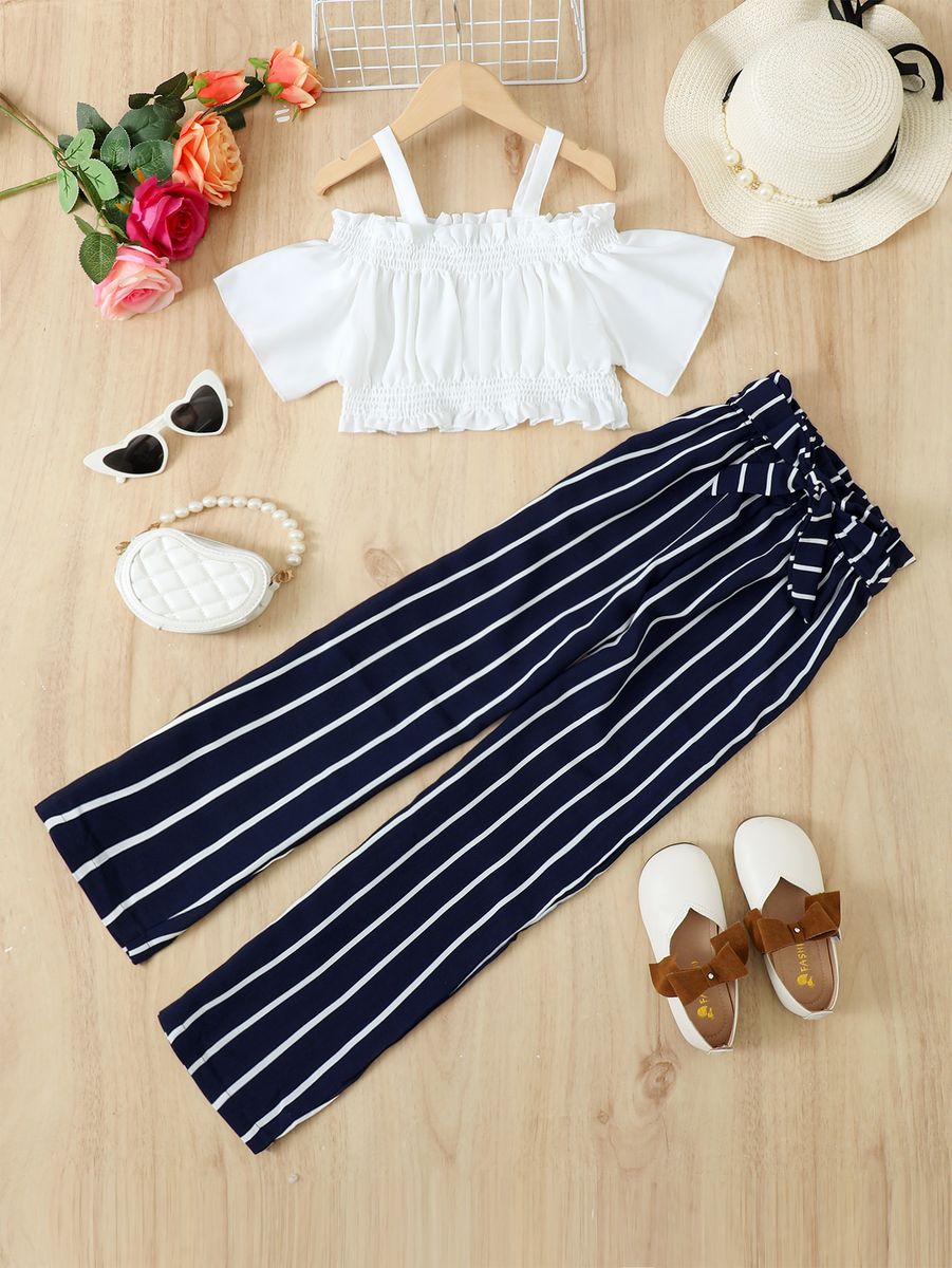 Girls One Neck Strapless Cami Top Striped Wide Leg Pants Set