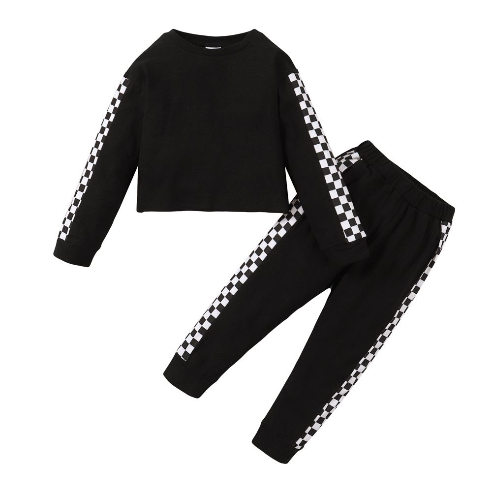 1-5 Years Kid Girl 2PCS Set Plaid Black Plain Color Long Sleeve Shirt+Pants