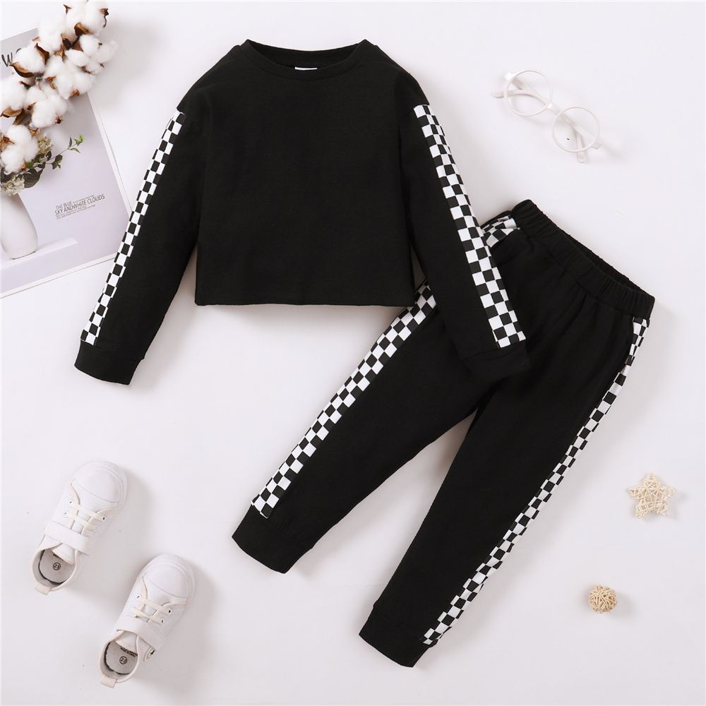 1-5 Years Kid Girl 2PCS Set Plaid Black Plain Color Long Sleeve Shirt+Pants