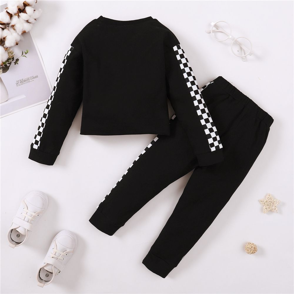 1-5 Years Kid Girl 2PCS Set Plaid Black Plain Color Long Sleeve Shirt+Pants