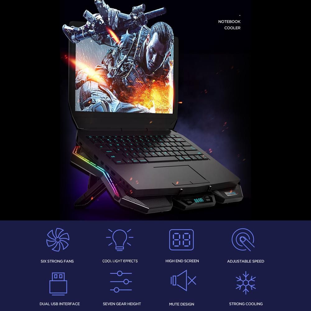 COOLCOLD K40 RGB Laptop Cooler 6-fan Cooling Stand Mute Design with Adjustable Wind Speed Stand Height Colorful Light Effect