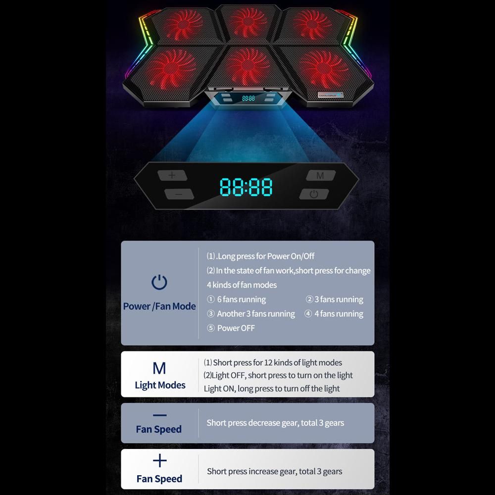 COOLCOLD K40 RGB Laptop Cooler 6-fan Cooling Stand Mute Design with Adjustable Wind Speed Stand Height Colorful Light Effect