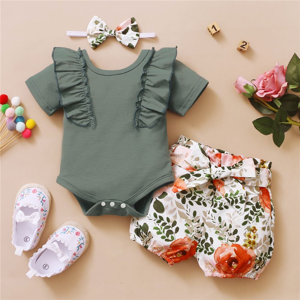 Newborn Baby Girl Ruffle Bodysuit Floral Shorts Headwear