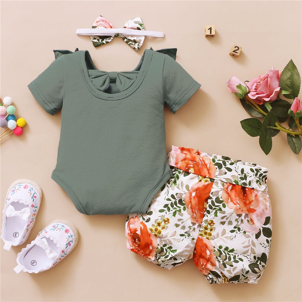 Newborn Baby Girl Ruffle Bodysuit Floral Shorts Headwear