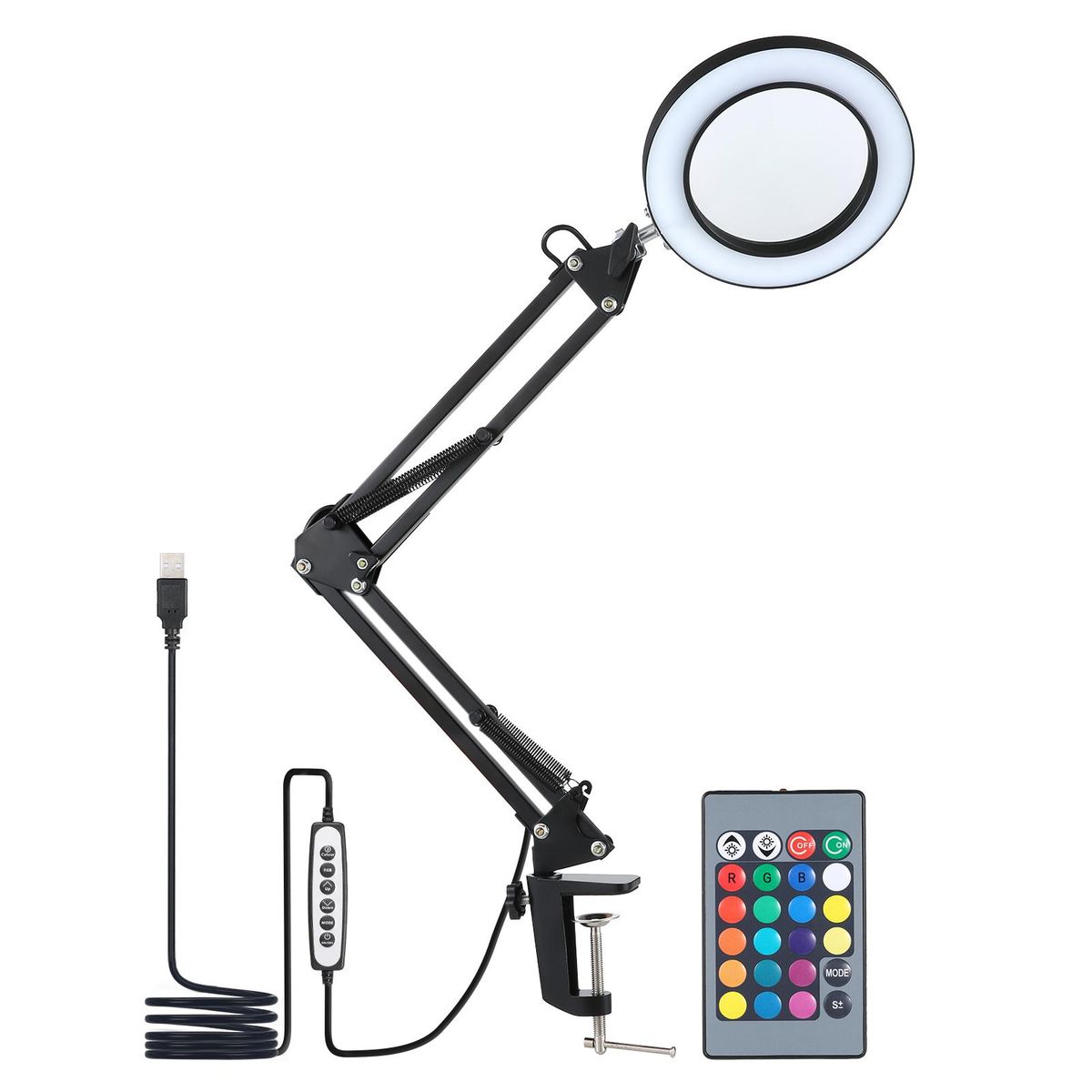 D C5V 2A 8W 80LEDs Desk Light with 5x Magnifier Swing Arm Clamp-on Table Lamp USB Operated Powered with Controller 3 Colors Temperature Changing/ 10 Levels Dimmable Brightness Adjustable/ 3 Levels Speed Adjustable/ 15 Colorfu