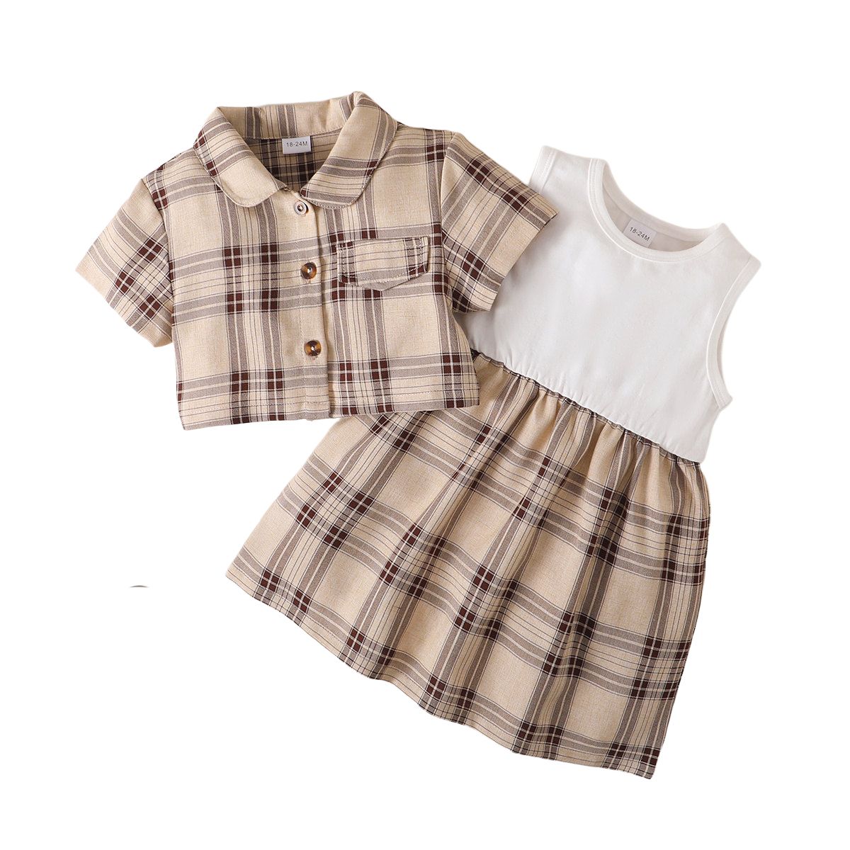 1-5 Years Kid Girl 2PCS Set/Barbari Plaid Polo Short Sleeve Overcoat + Dress