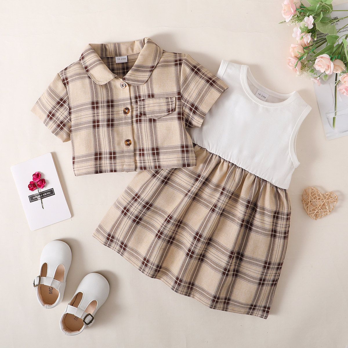 1-5 Years Kid Girl 2PCS Set/Barbari Plaid Polo Short Sleeve Overcoat + Dress