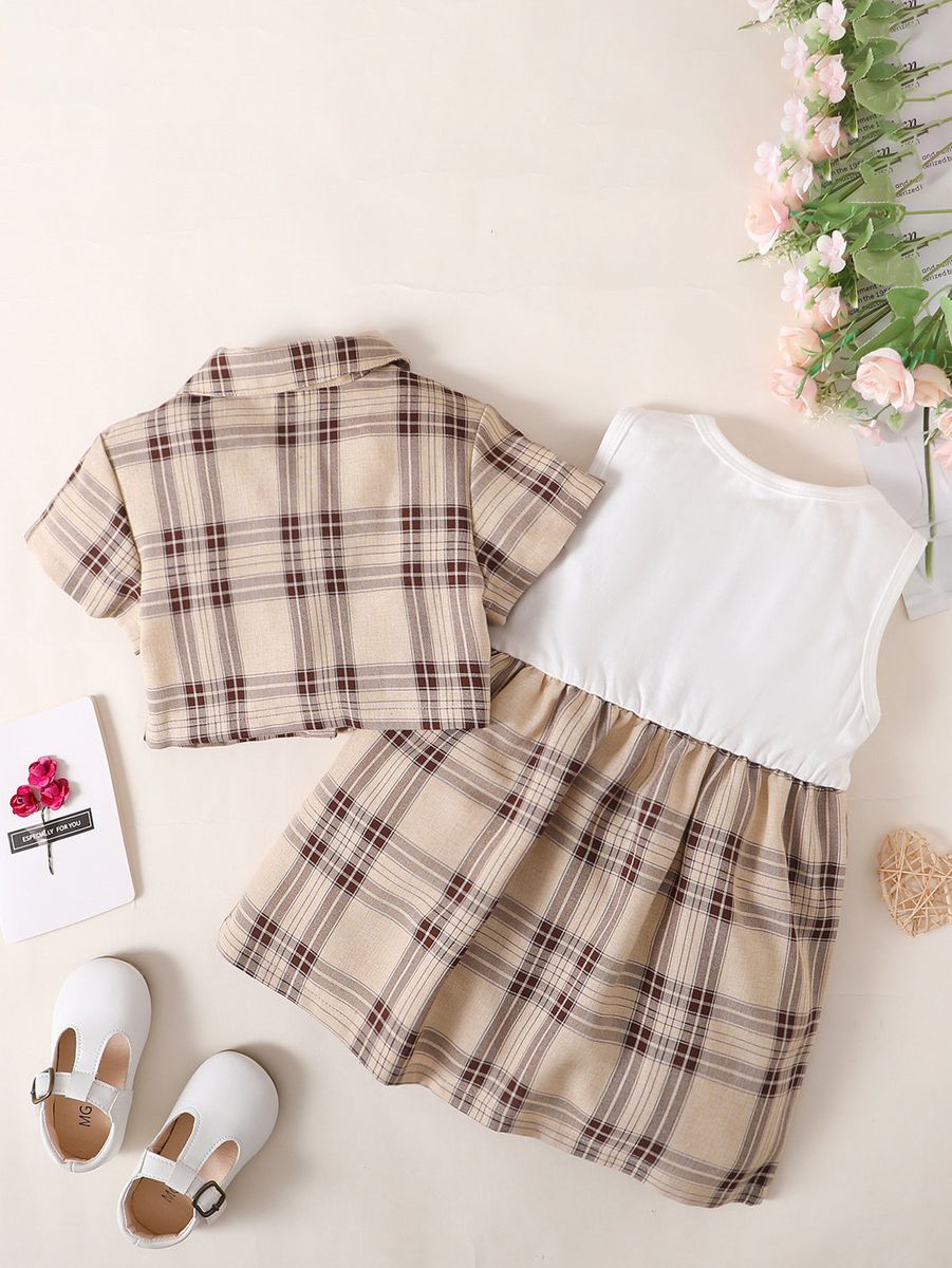1-5 Years Kid Girl 2PCS Set/Barbari Plaid Polo Short Sleeve Overcoat + Dress