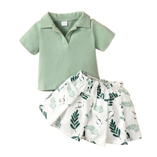 Kids Girl 2PCS Knitting Green Polo T-shirt+Skirt