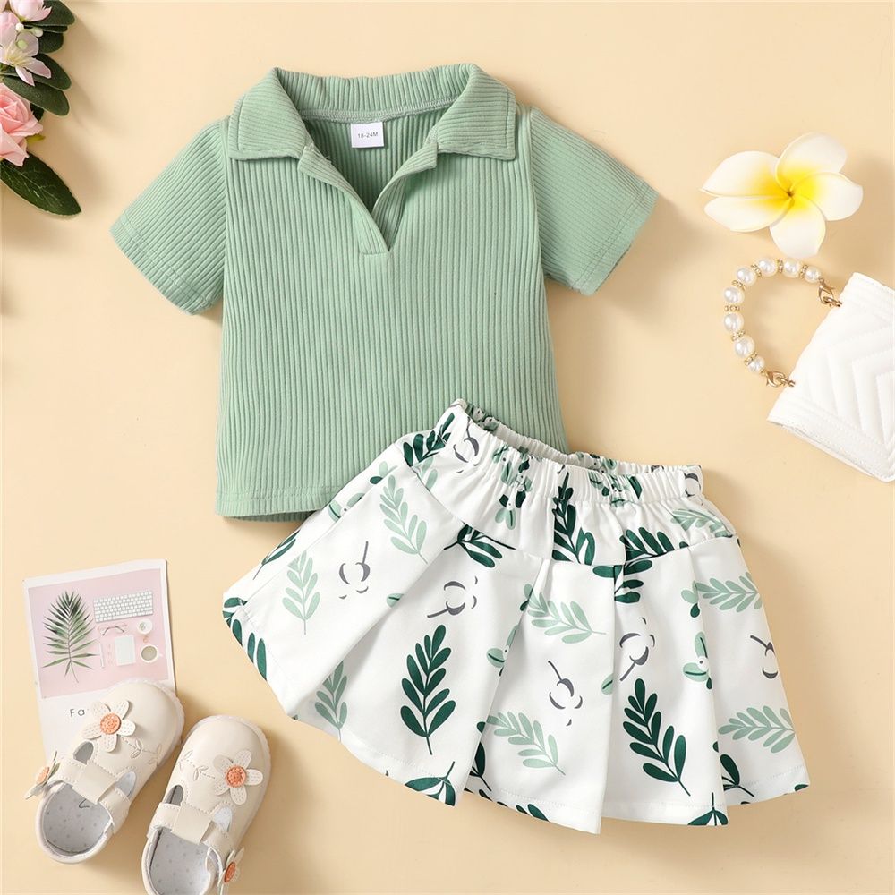 Kids Girl 2PCS Knitting Green Polo T-shirt+Skirt