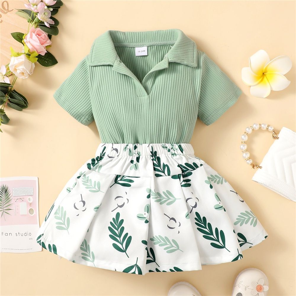Kids Girl 2PCS Knitting Green Polo T-shirt+Skirt
