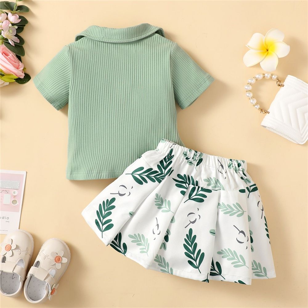 Kids Girl 2PCS Knitting Green Polo T-shirt+Skirt