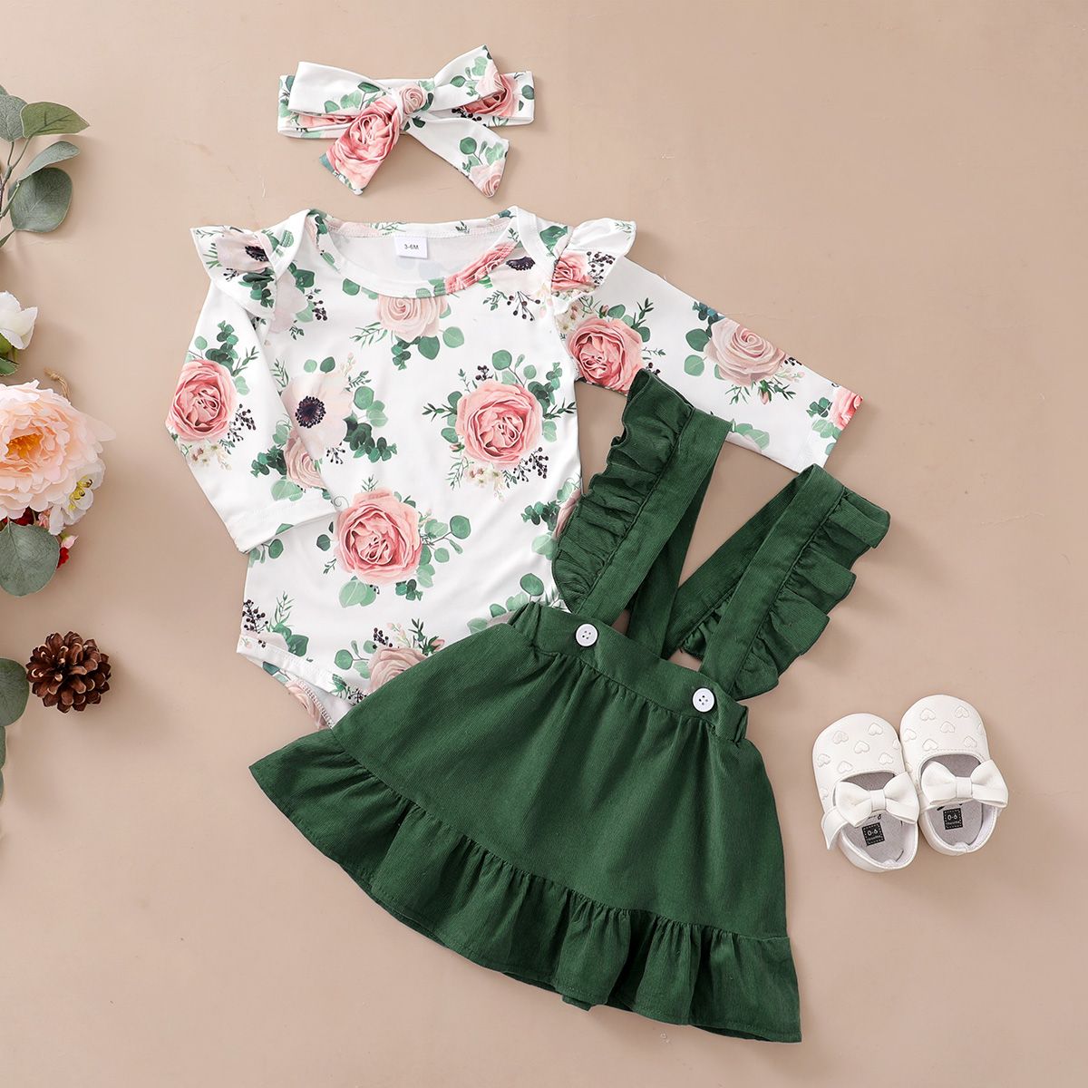 Baby Girl Floral Long Sleeve Shirt+Skirt+Headwear