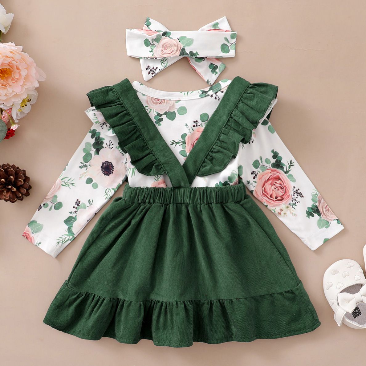 Baby Girl Floral Long Sleeve Shirt+Skirt+Headwear