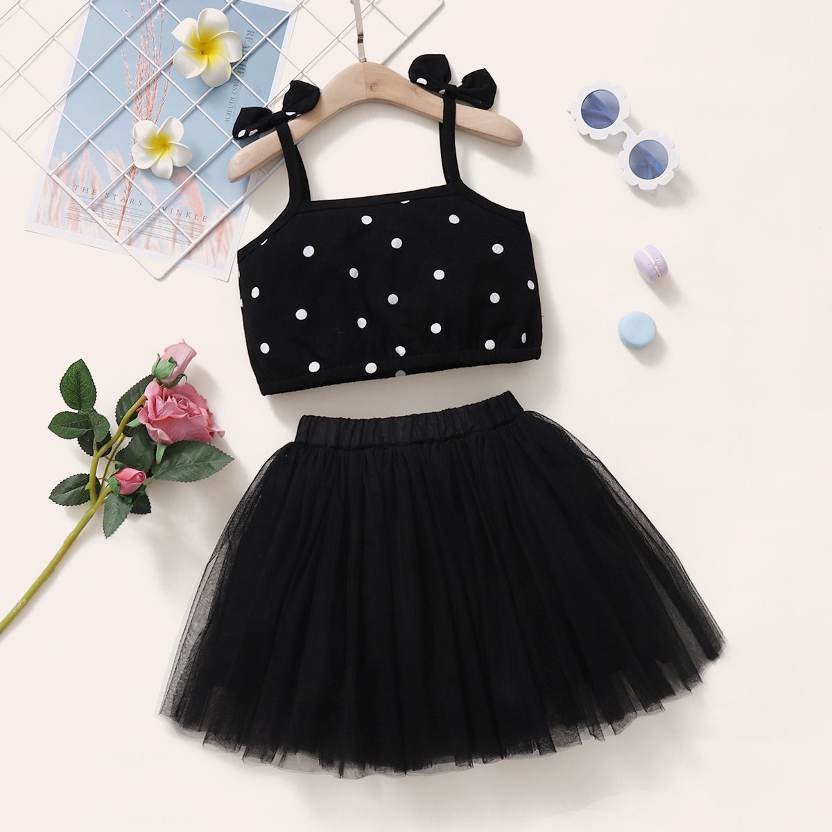 1-5Y Kid Girls Summer Outfit Set Bow Design Sling Tops Tutu Skirt