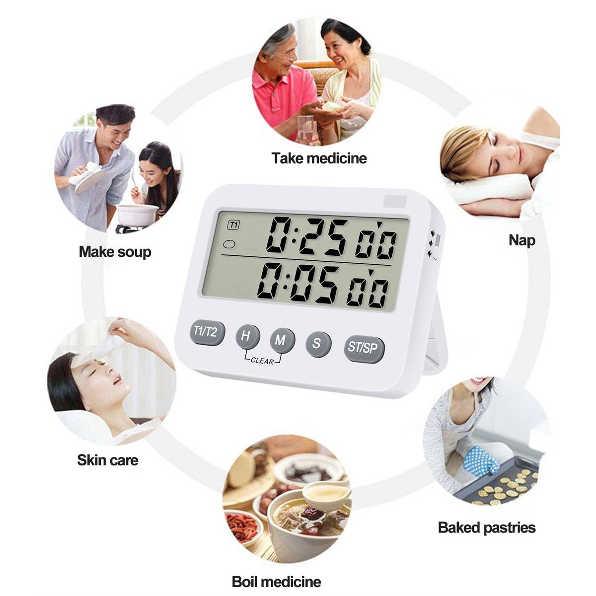 Baking Timer Digital Kitchen Timer Battery Powered Dual for Efficient White