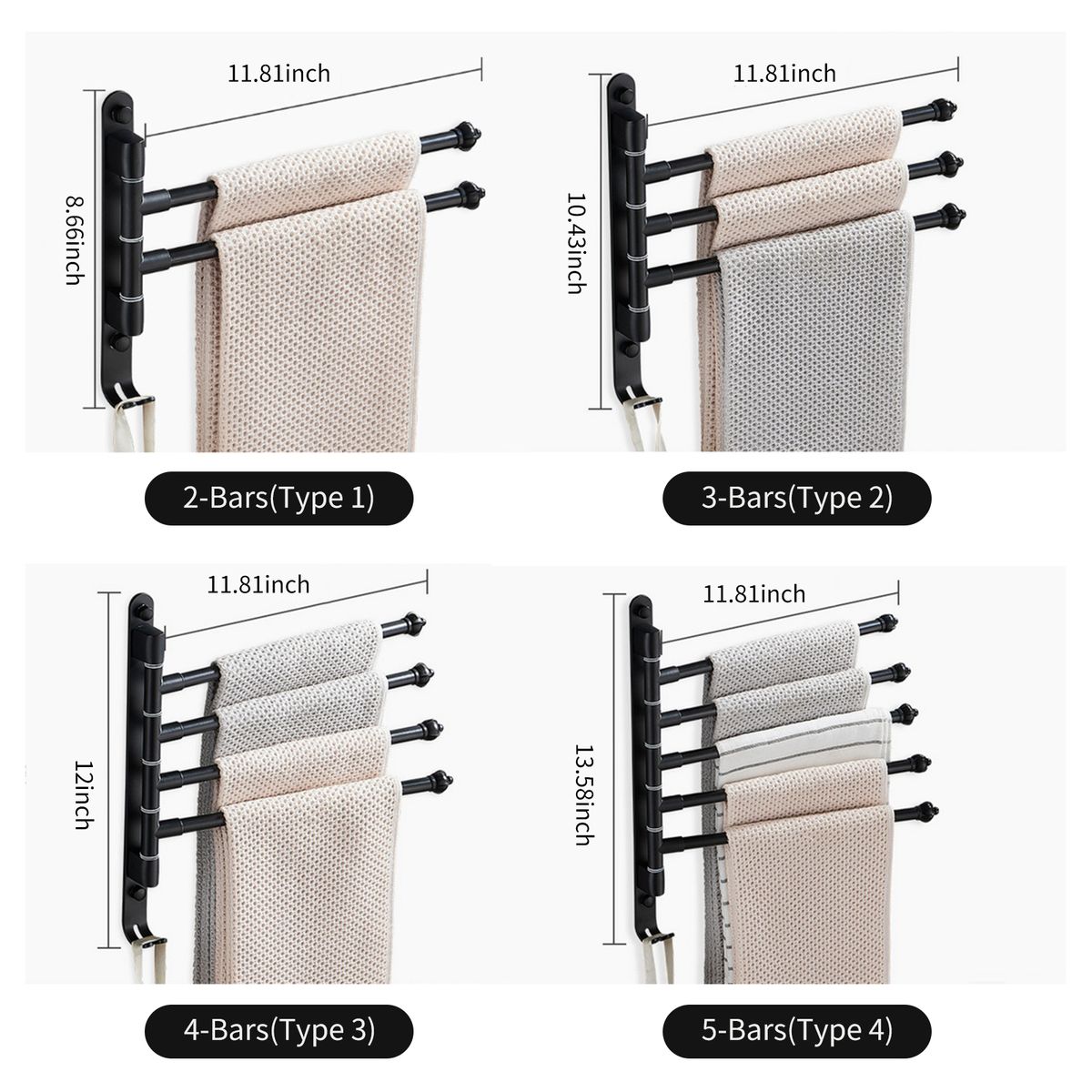 Swivel Out Towel Racks With Hooks 5-Bars Foldable Arms Bath