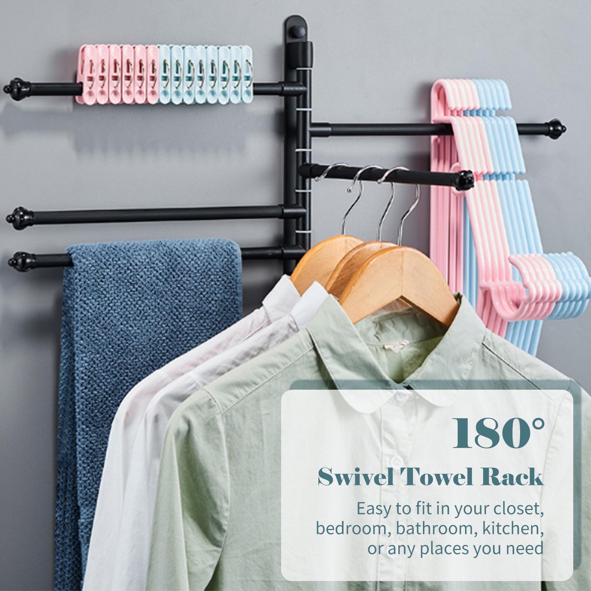 Swivel Out Towel Racks With Hooks 5-Bars Foldable Arms Bath