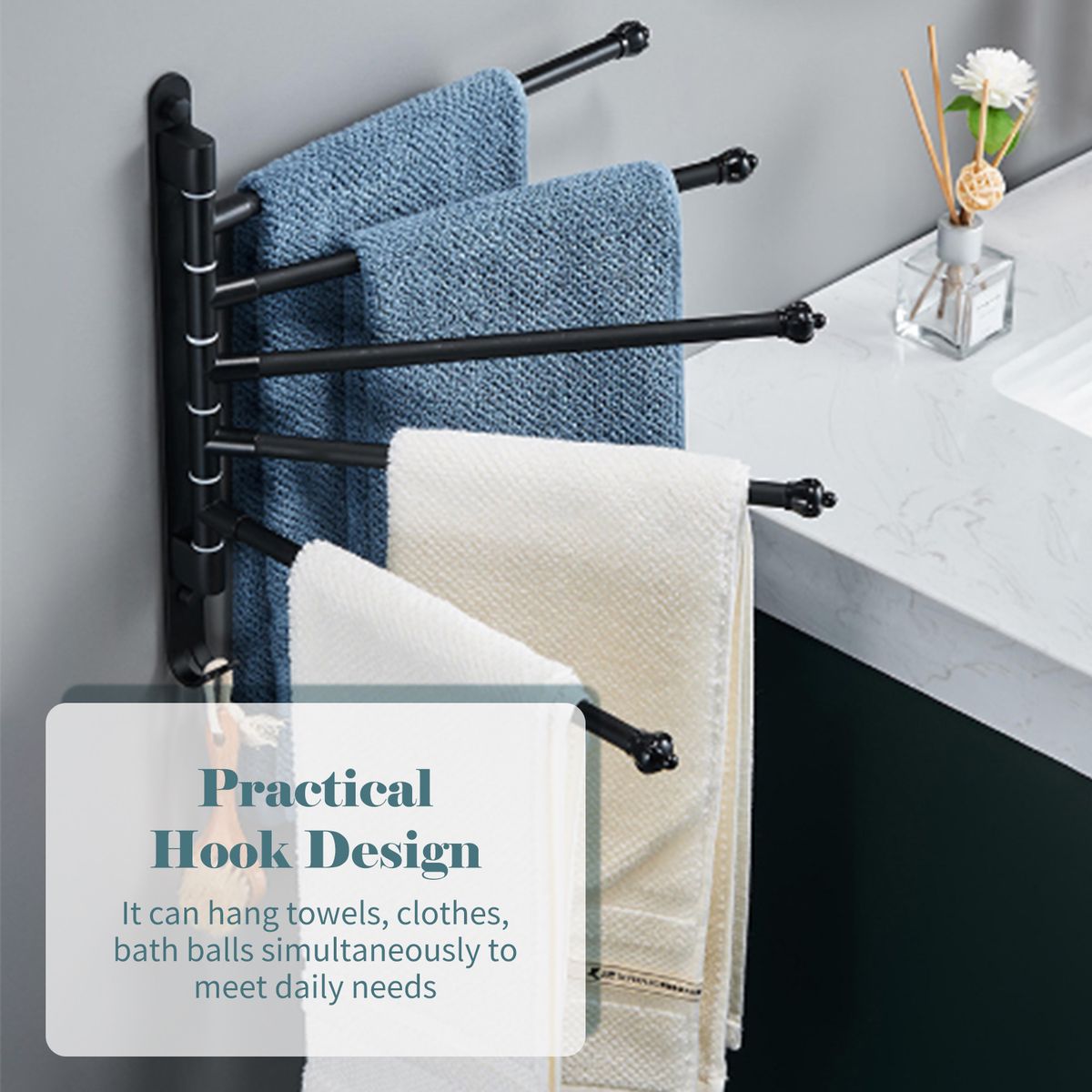 Swivel Out Towel Racks With Hooks 5-Bars Foldable Arms Bath